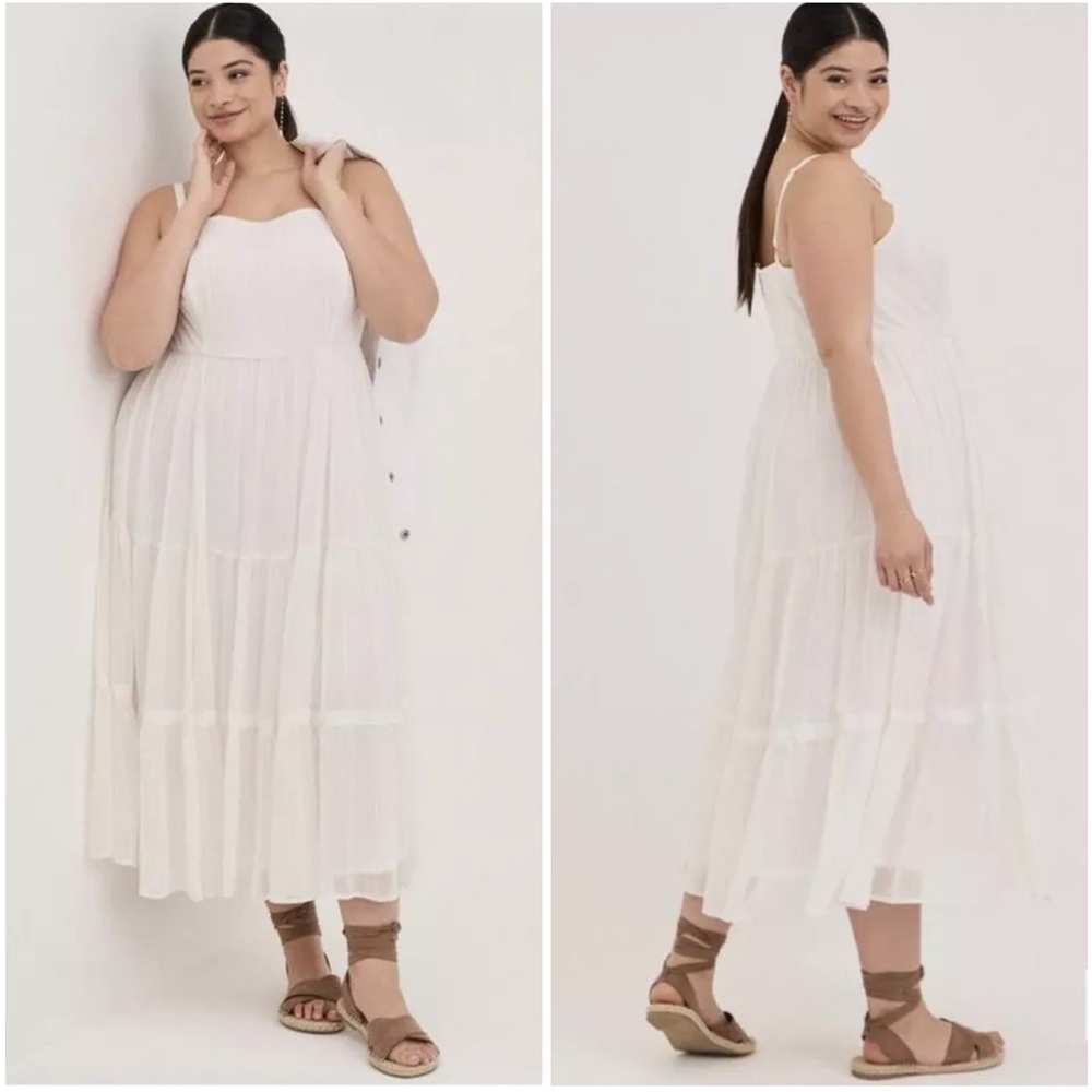 Torrid NWT! White & Gold Pin Striped Chiffon Midi Tiered A-Line Sun Dress